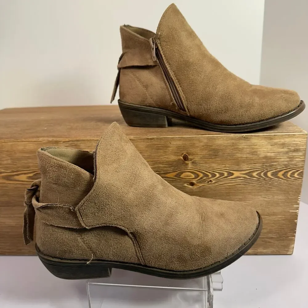 Boho Faux Suede Ankle Boots Womens 7/8 Softgirl Brown Low Block Heel Bow Casual - Picture 2 of 8